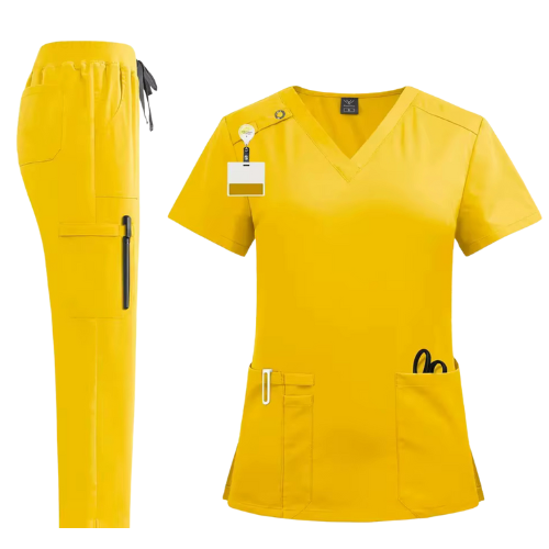 Yellow 2-piece nurse scrub set with V-neck top and jogger pants featuring adjustable drawstring and side pockets, designed for healthcare professionals.