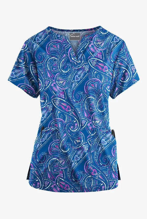 Butter-Soft Paisley Royal Scrub Top | Lightweight 4-Pocket V-Notch Scrub for Nurses & Healthcare Workers