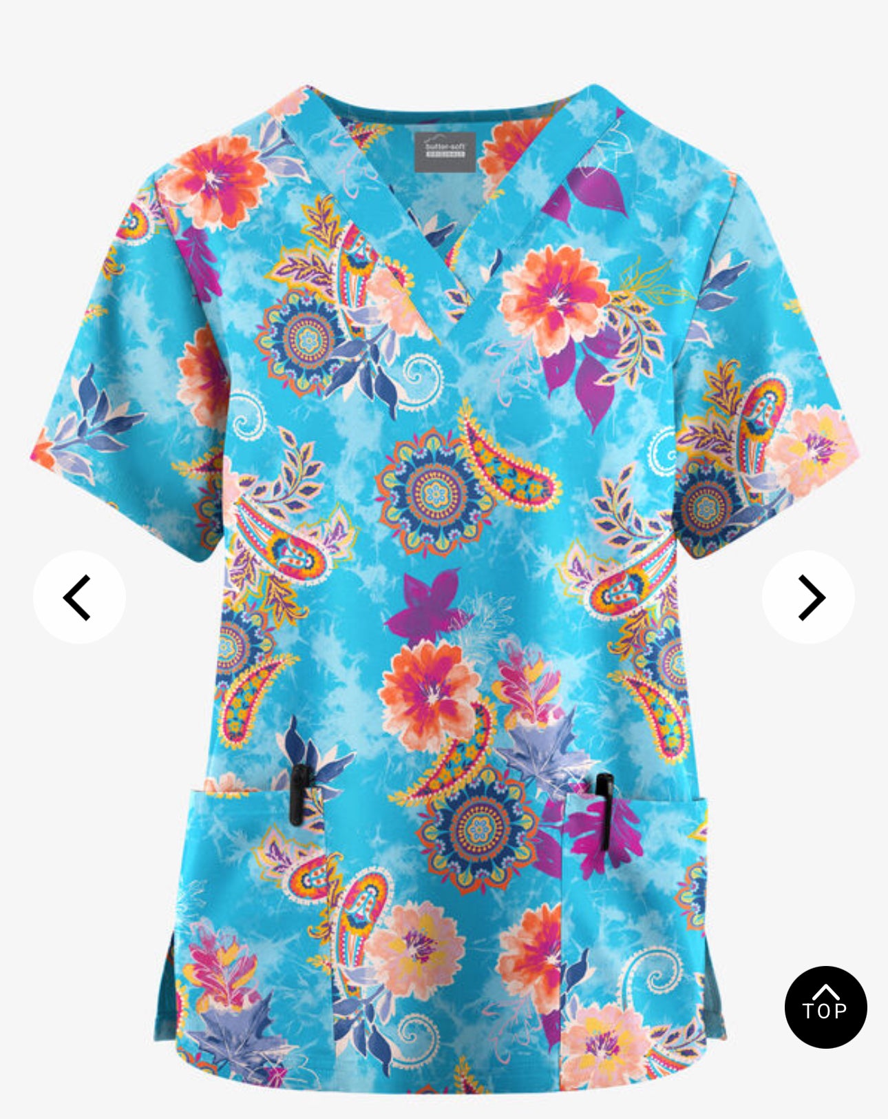Turquoise Floral Paisley Scrub Top | Colorful Nursing Uniform for Nurses & CNAs