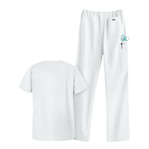 White unisex 2-piece scrub set with V-neck top and drawstring pants, designed for nurses and medical professionals seeking comfort, durability, and a crisp professional look.