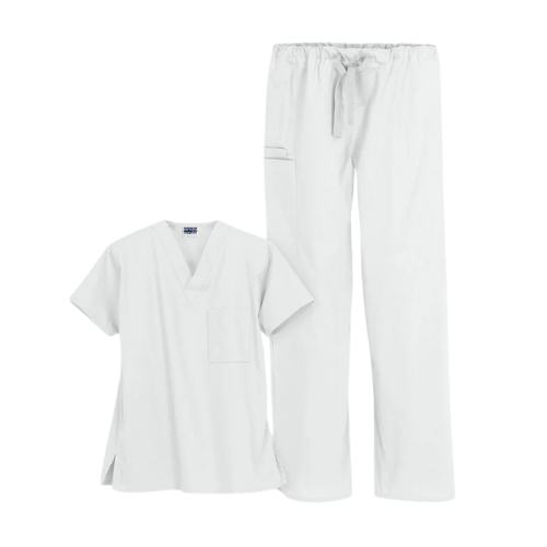 White unisex 2-piece scrub set with V-neck top and drawstring pants, designed for nurses and medical professionals seeking comfort, durability, and a crisp professional look.