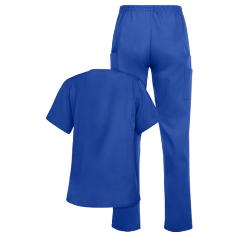 Classic royal blue 2-piece women’s scrub set with V-neck top and elastic waist pants designed for comfort, durability, and professional wear.
