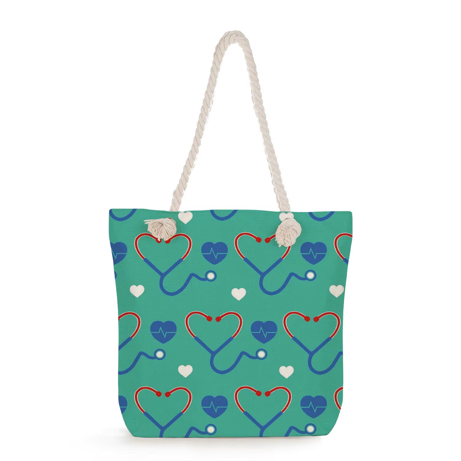Tote bag with heart and stethoscope pattern on a teal background