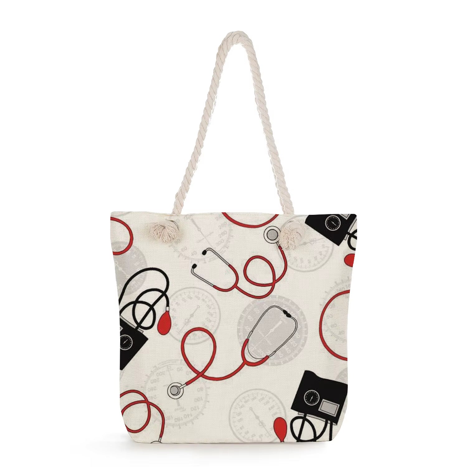 Nurse Life cartoon print tote bag with zipper closure and two handles, made from durable polyester for healthcare professionals.