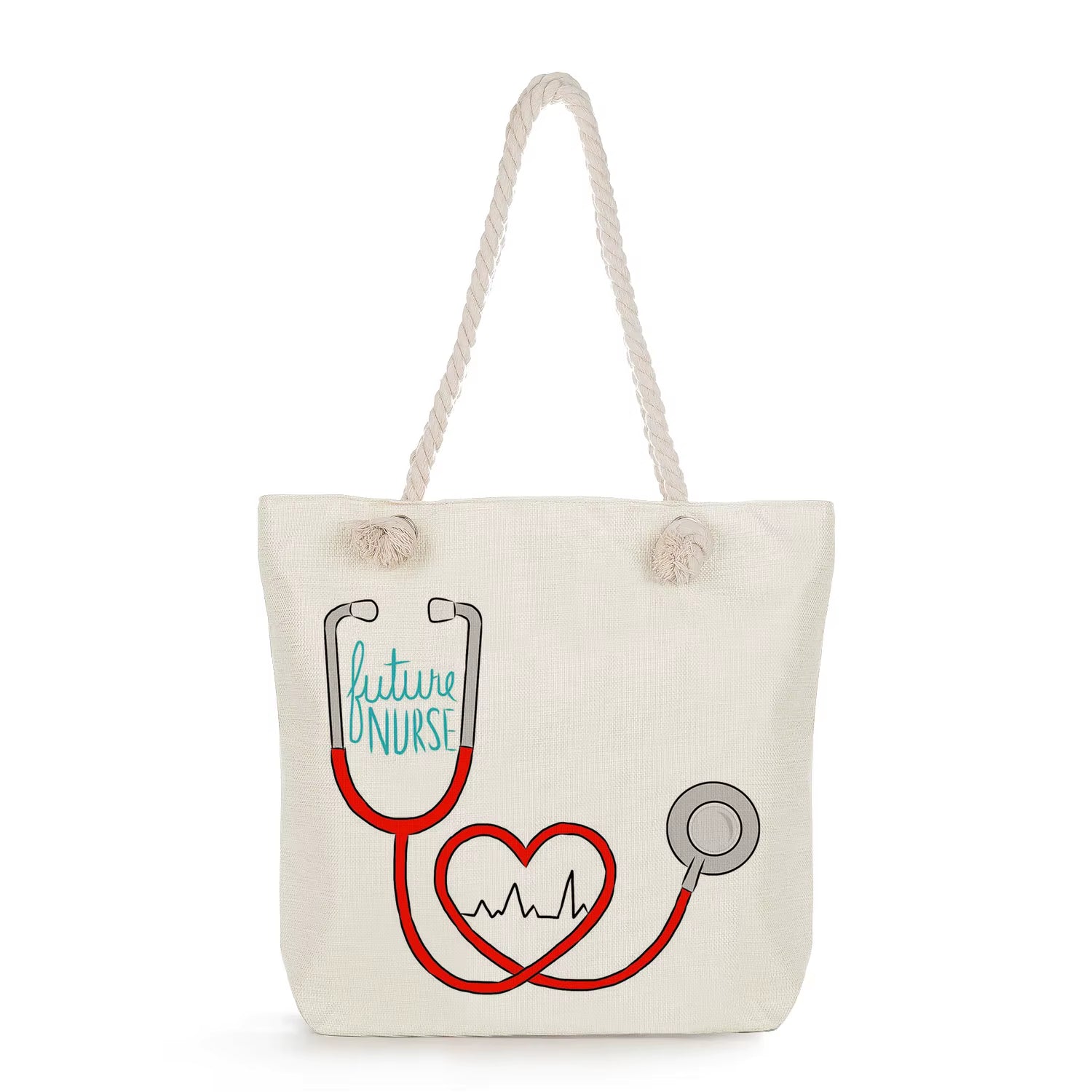 Tote bag with stethoscope design and 'future nurse' text on a white background