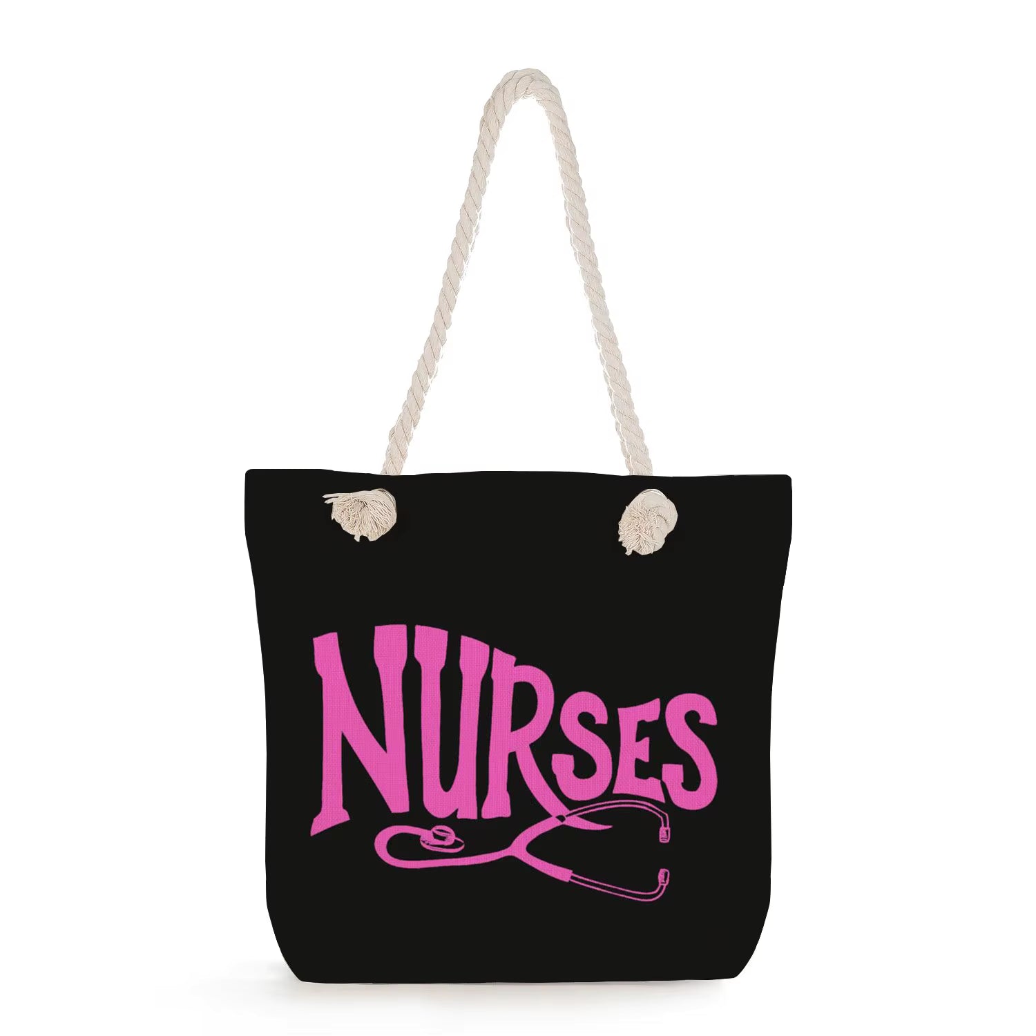 Black tote bag with pink 'NURSES' text and stethoscope graphic on a white background