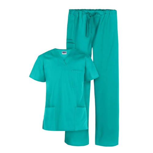 Turquoise 2-piece nurse scrub set with V-neck top and jogger pants featuring adjustable drawstring and side pockets for healthcare professionals.
