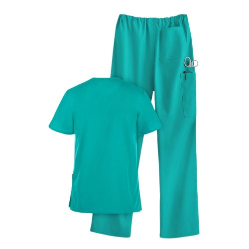 Turquoise 2-piece scrub set with shirt and pants on a white background