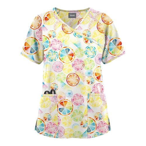 Citrus fruit scrub top with colorful lemon, lime, and orange print for nurses and healthcare workers
