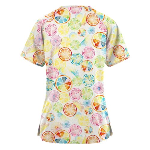 Citrus fruit scrub top with colorful lemon, lime, and orange print for nurses and healthcare workers