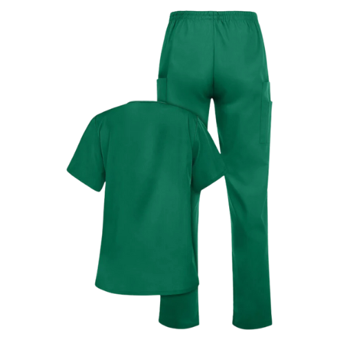 Emerald green women’s 2-piece scrub set featuring a V-neck top and elastic waist pants, designed for nurses and healthcare professionals seeking comfort and durability.