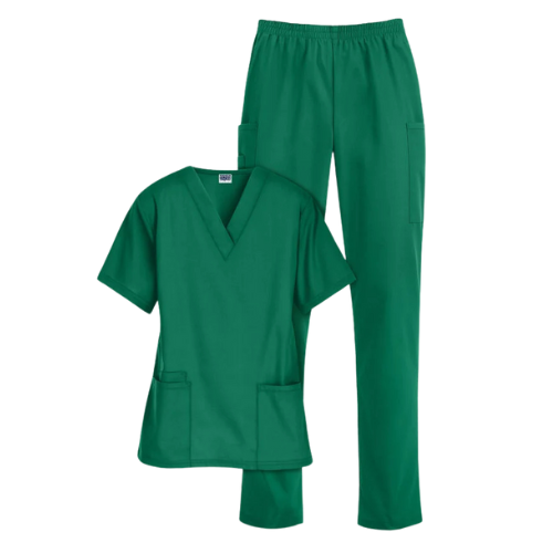 Emerald green women’s 2-piece scrub set featuring a V-neck top and elastic waist pants, designed for nurses and healthcare professionals seeking comfort and durability.