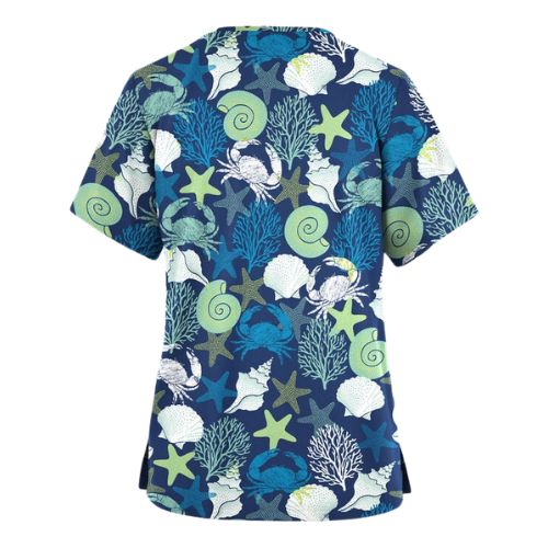 Navy scrub top with ocean-inspired crab, shell, coral, and starfish print for nurses and healthcare professionals