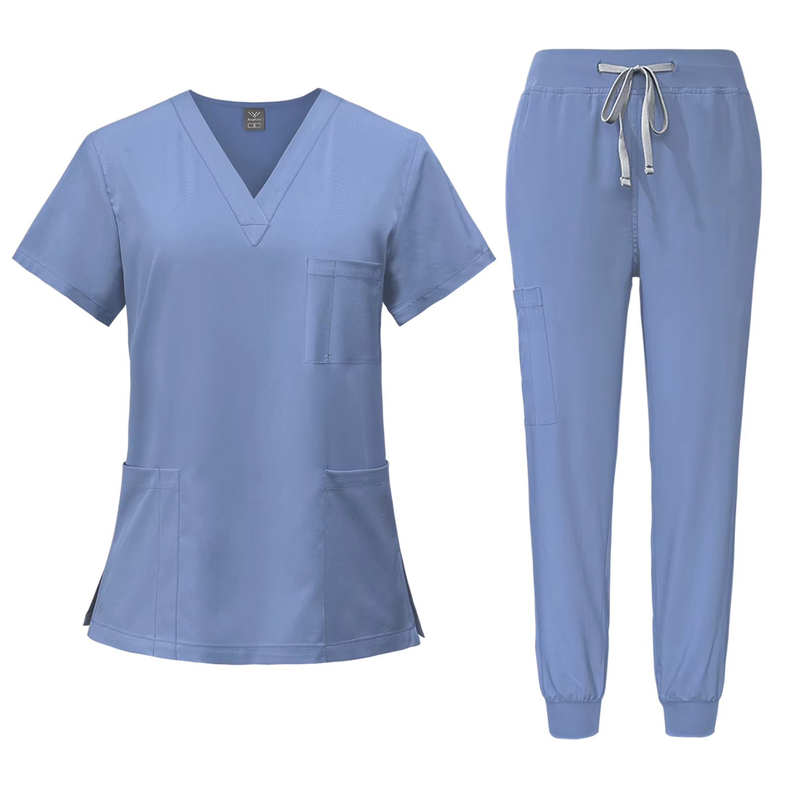 Deep Sky Blue 2-piece nurse scrub set with V-neck top and jogger pants for medical professionals