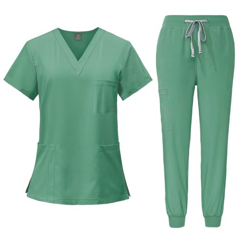 Green 2-piece nurse scrub set with V-neck top and cargo scrub pants for healthcare workers