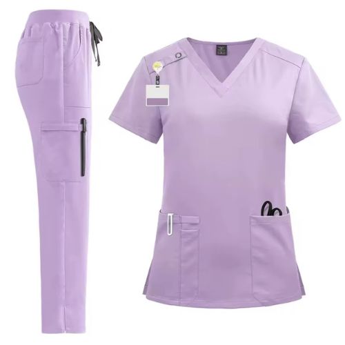 Lilac 2-piece nurse scrub set with V-neck scrub top and jogger-style pants for nurses and healthcare workers