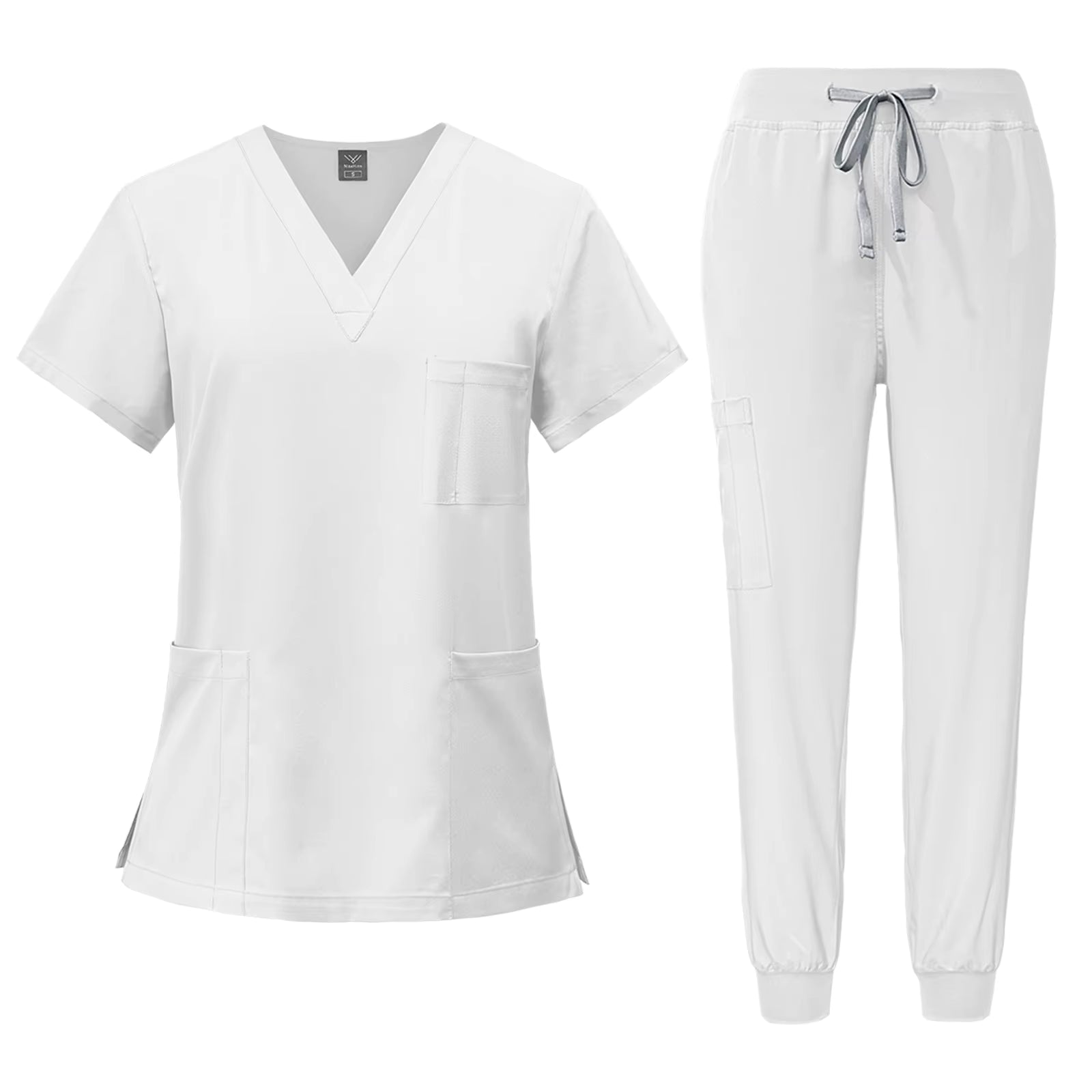 White 2-piece nurse scrub set with V-neck top and scrub pants for medical professionals