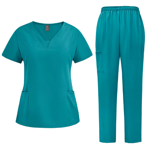 Turquoise 2-piece nurse scrub set with V-neck top and jogger pants featuring adjustable drawstring and side pockets for healthcare professionals.