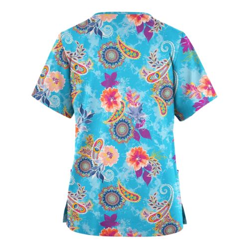 Starfish and seashell printed scrub top with V-neck and pockets for nurses and healthcare professionals