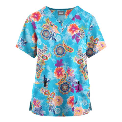 Starfish and seashell printed scrub top with V-neck and pockets for nurses and healthcare professionals