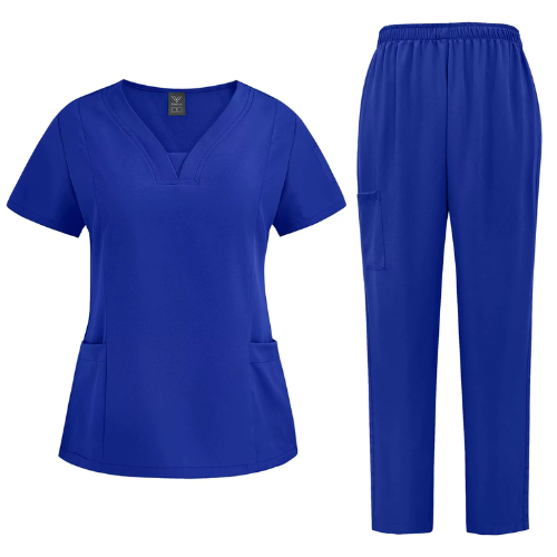 Royal Blue 2-piece nurse scrub set with V-neck top and jogger pants featuring drawstring waist and side pockets for medical professionals.