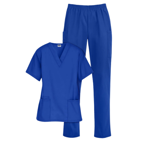 Classic royal blue 2-piece women’s scrub set with V-neck top and elastic waist pants designed for comfort, durability, and professional wear.