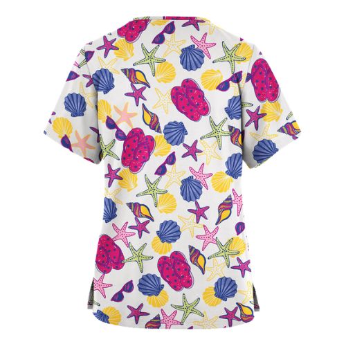 Shop the Starfish & Seashell Print Scrub Top – colorful, breathable, and nurse-approved. Fun scrub top with seashell and starfish prints, designed for long shifts.