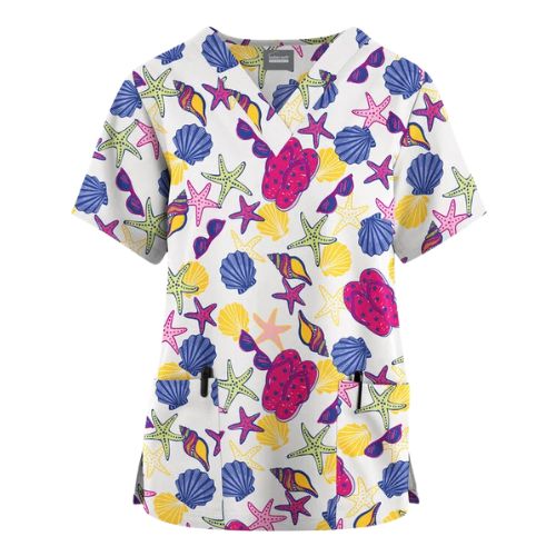 Shop the Starfish & Seashell Print Scrub Top – colorful, breathable, and nurse-approved. Fun scrub top with seashell and starfish prints, designed for long shifts.